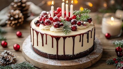A Christmas drip cake, decorated with festive berries and candles, adds a sweet touch to the table.-
