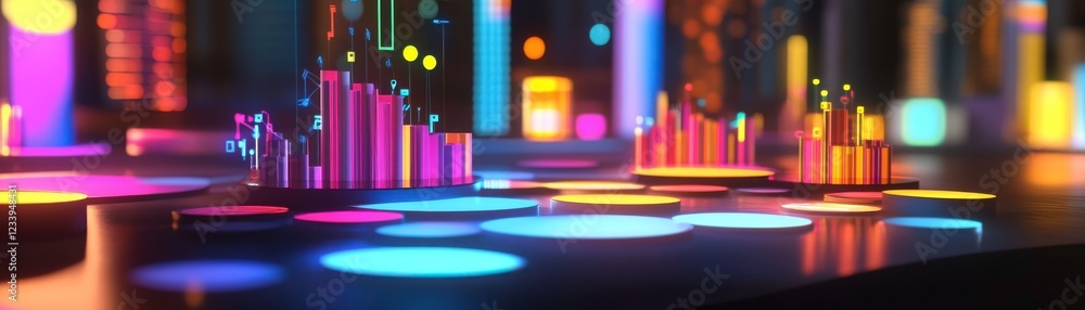 Poster a vibrant, illuminated scene with colorful bars and circular shapes, creating a lively atmosphere, i