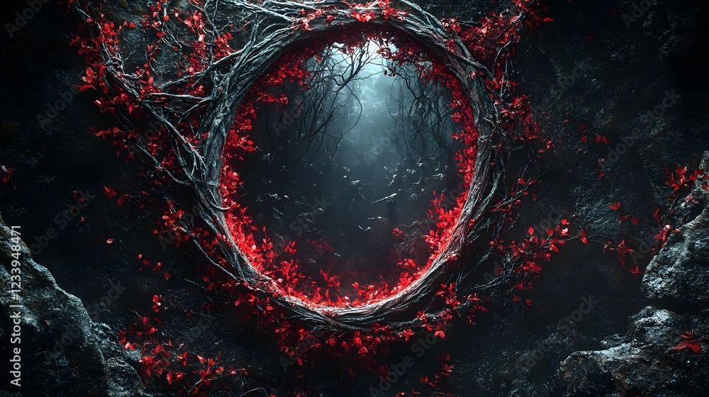 Poster detailed 3d mirror surrounded redblack corridor thorns and tangled vines showcasing tormented souls 