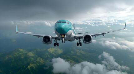Fototapeta premium Airplane approaching mountains, cloudy skies, travel