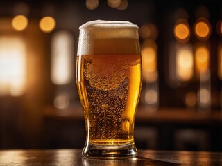 Beer glass with foam and warm lighting in a bar
