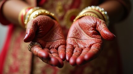 A bride’s hands with detailed henna designs and gold jewelry, symbolizing elegance and tradition during an Indian wedding.
