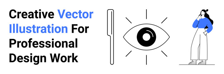 Eye icon with radiating lines, magnifying glass for insight and visualization, and woman in pensive pose. Ideal for creativity, design, vision, focus, branding, analysis research flat landing page