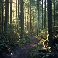 Obraz premium Pathway in the Whispering Woods: Sun-dappled path winding through a vibrant forest, a serene scene of towering trees and lush undergrowth.