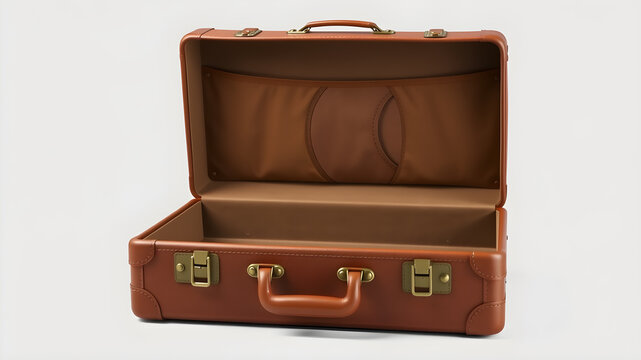 3D open vintage old travel suitcase isolated. Render leather retro bag. Brown briefcase with belts. Travel baggage and luggage. Holiday or vacation transportation illustration. Generative AI