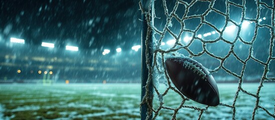 Football in frozen net during snow at stadium.
