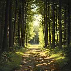 Obraz premium Sunlit Path through Majestic Forest: A sun-dappled pathway winds its way through a towering forest of trees, creating a sense of depth and wonder.