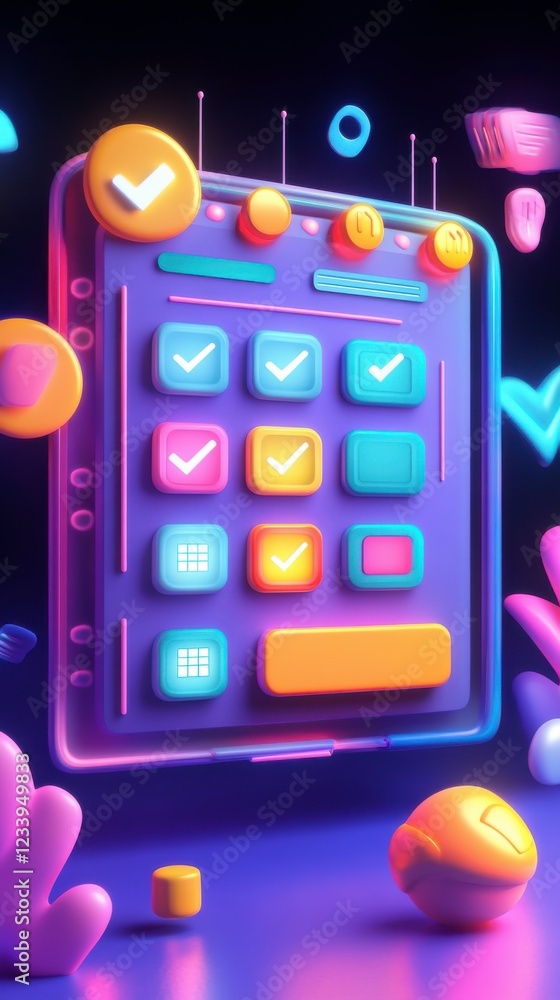 Poster a colorful, futuristic interface featuring vibrant buttons and checkmarks, set against a dark backgr