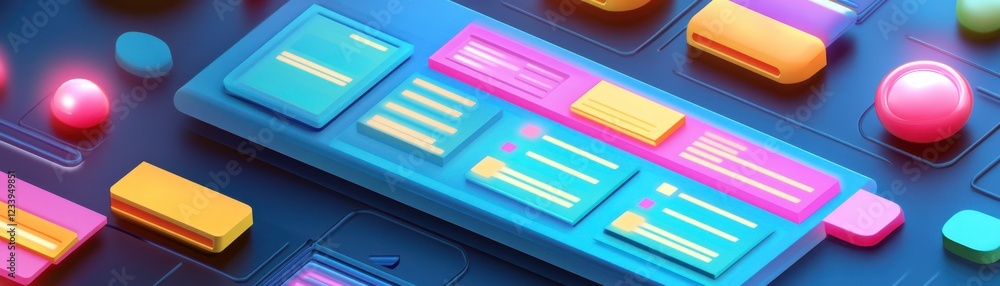 Poster a vibrant, colorful digital interface featuring buttons and icons, ideal for app design or user expe