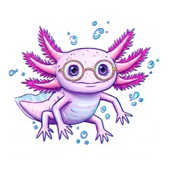 cute pink cartoon axoloti with glasses in water  illustration clipart