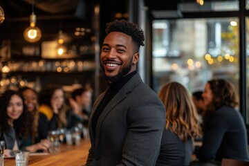 Obraz premium Smiling young man in a casual cafe environment. Networking and social connections concepts