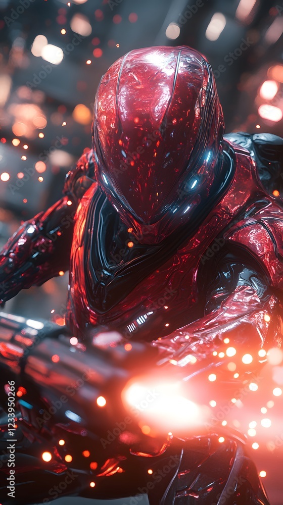 Poster eddie clad a warframestyle red biomechanical suit engaged in an intense firefight neon lights and cy