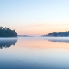 Morning Serenity: Calm lake with trees reflecting in the water with light morning sky in the background. 