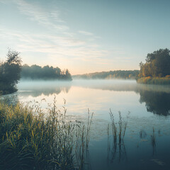 Fototapeta premium Misty Lake Morning: A tranquil lake shrouded in soft mist, reflecting the gentle hues of the sunrise, flanked by lush greenery and trees, invoking a sense of peace and serenity.