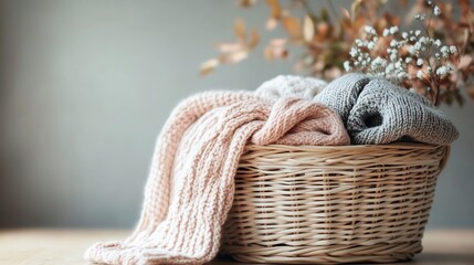 Obraz premium Soft light bathes cozy knit sweaters nestled in a wicker basket autumnal branches add warmth. AI Generated