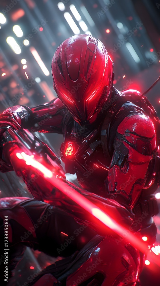 Poster eddie clad a warframestyle red biomechanical suit engaged in an intense firefight neon lights and cy