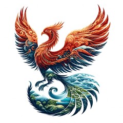 Obraz premium AI Generate of Mythical Phoenix Shape Art Silhouette with Natural Element such as Wind, Tree, Water, Animal, Wood, Sun, Moon, isolate in white.