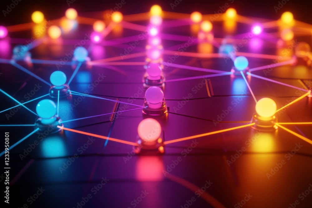 Poster a vibrant network of illuminated spheres connected by glowing lines, showcasing a modern, digital re