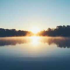 Fototapeta premium Serene Sunrise: A captivating scenic view unfolds as the sun rises over a calm lake, painting the sky with soft colors and casting a warm glow upon the tranquil water.