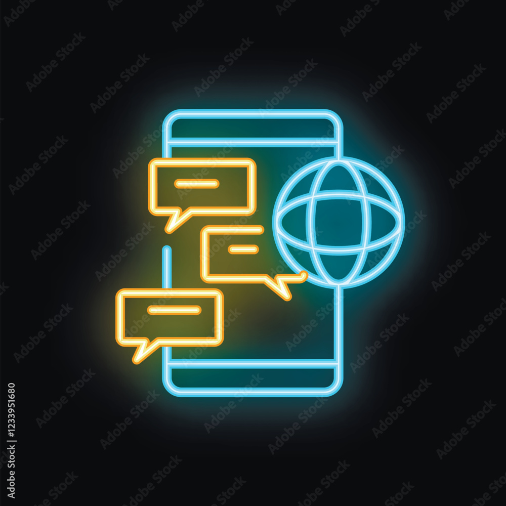 Poster neon sign representing a smartphone with speech bubbles and a globe, symbolizing global communicatio