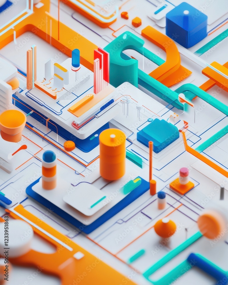 Poster a vibrant 3d abstract composition featuring geometric shapes and colorful lines, creating a modern, 