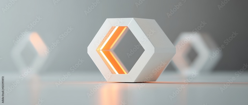 Poster minimalistic 3d white and orange hexagon icon on grey background with soft shadows and professional 