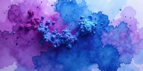 Intense hues of purple and blue swirl in a close-up watercolor masterpiece. Vibrant blues blend into lush greens, creating a captivating, dynamic background