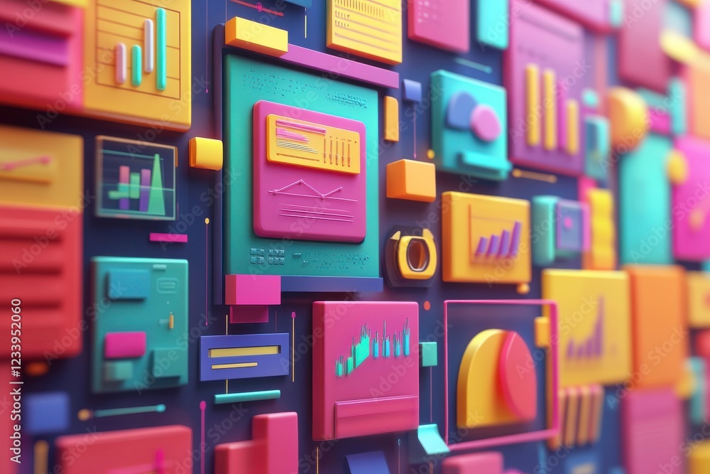Poster a vibrant, abstract composition of graphs and charts in bold colors, emphasizing data visualization 