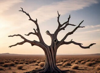 A barren tree with twisting, leafless branches 1