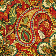 Intricate paisley pattern on a red background.