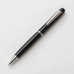 A sleek black pen with a silver clip, resting on a light background, showcasing its elegant design and smooth finish.