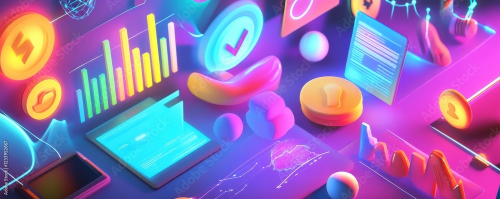 Poster a vibrant digital scene featuring graphs, charts, and icons representing data analytics and technolo