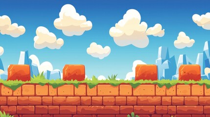 Cartoon Game Background Brick Wall Sky Clouds