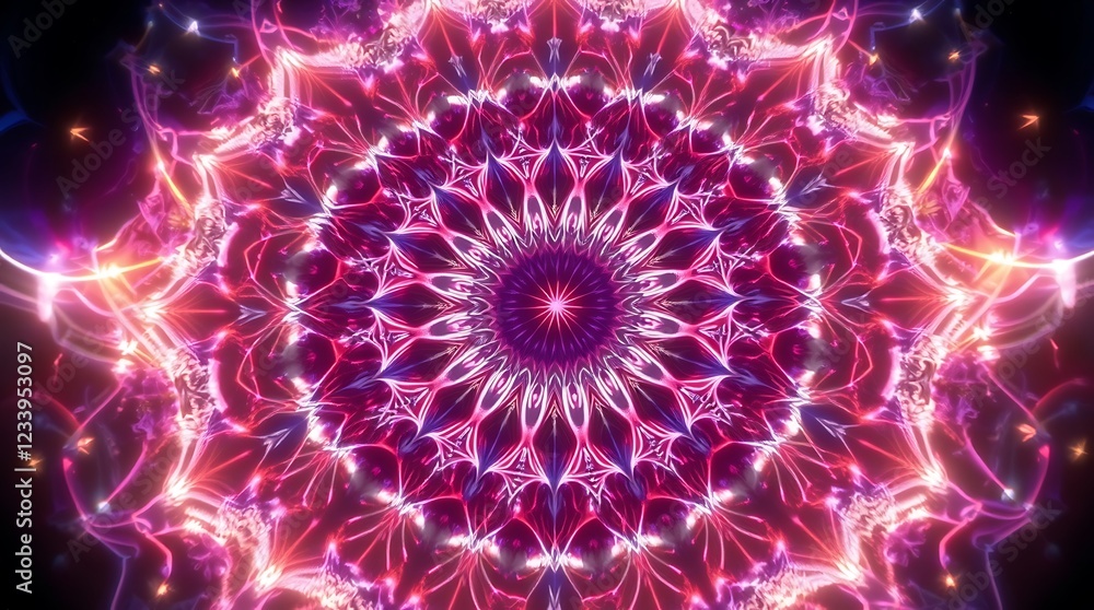 Poster intricate geometric pattern in glowing colors on a dark background creating unique visuals