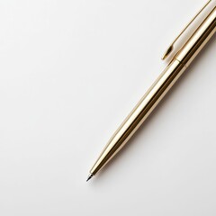A sleek gold pen rests on a clean white surface, showcasing elegance and simplicity in design.
