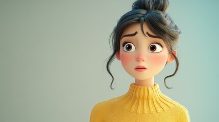 A young adult woman cartoon character in a yellow sweater appears thoughtful and upset, reflecting doubt and questioning in her expression.