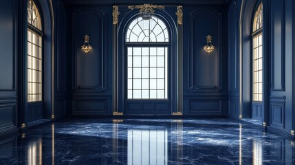 Fototapeta premium Opulent Blue Interior Design: A Luxurious Room with Marble Floor and Gold Accents