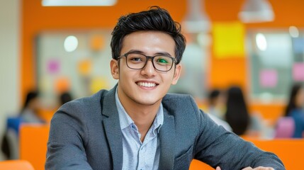 Obraz premium A young man in glasses smiles confidently in a bright, modern workspace with an orange background, exuding professionalism and approachability.