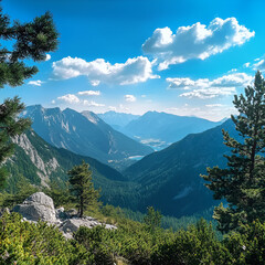 Fototapeta premium Mountain Vista: A breathtaking view of towering mountains, lush green forests, and a bright blue sky dotted with fluffy clouds. The scene captures the grandeur and serenity of the natural landscape. 