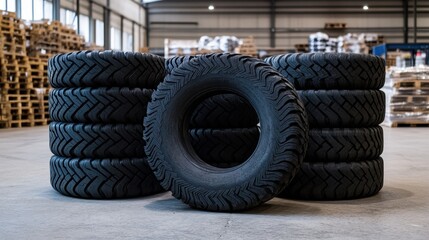 Stacked Black Tires in a Warehouse with Industrial Background