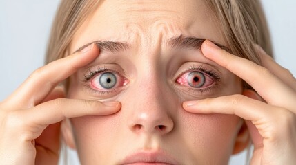 Fototapeta premium A young woman with strikingly different colored eyes shows concern, pressing her fingers against her eyelids, expressing anxiety or distress.