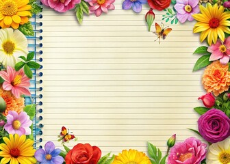 Exquisite Floral Notebook Page with Lined Paper Background