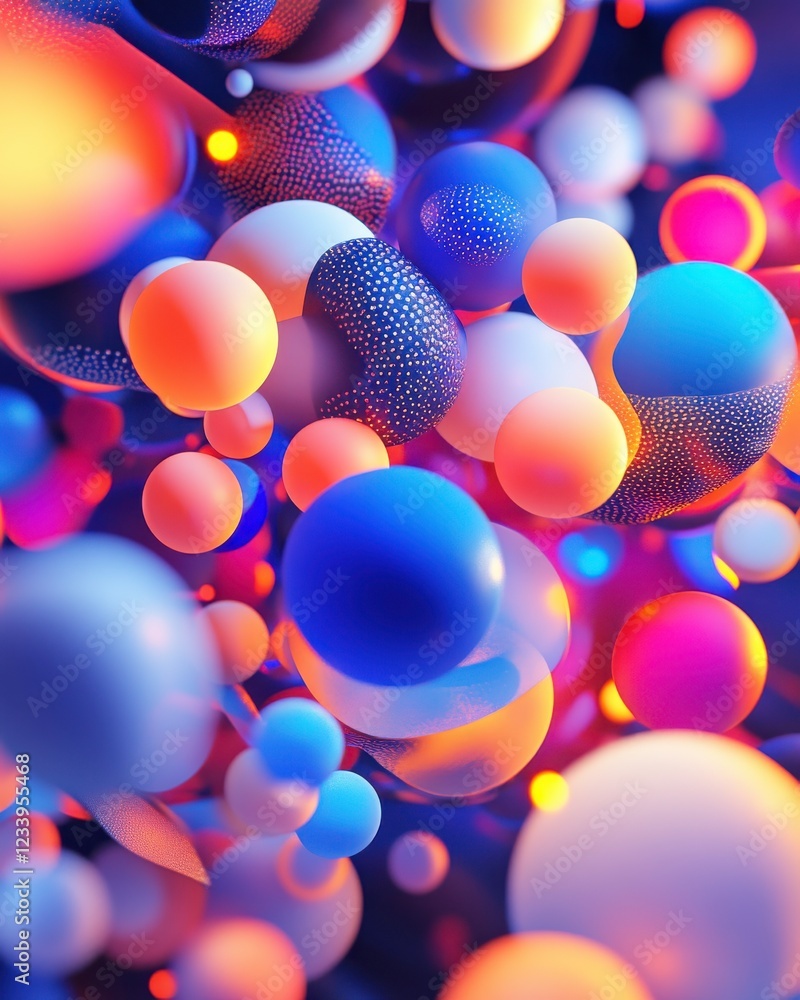 Poster a vibrant abstract depiction of colorful spheres in various sizes, creating a dynamic and visually a