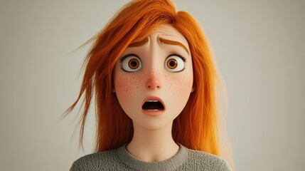 A young adult woman with ginger hair is depicted in a 3D cartoon style, showing a terrified, shocked, and scared expression.