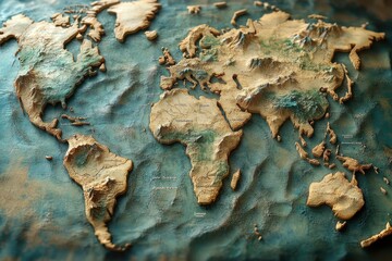 A textured relief map of the world highlighting continents and mountains.