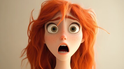 A young adult woman with ginger hair is depicted in a 3D cartoon style, showing a terrified, shocked, and scared expression.