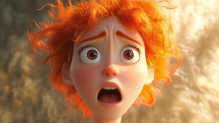 A young adult woman with ginger hair is depicted in a 3D cartoon style, showing a terrified, shocked, and scared expression.