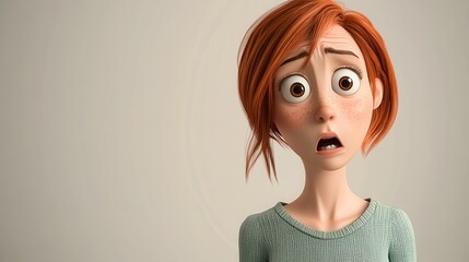 A young adult woman with ginger hair is depicted in a 3D cartoon style, showing a terrified, shocked, and scared expression.