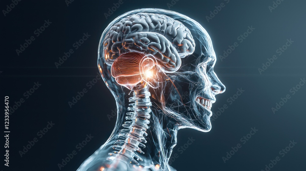 Poster a translucent human silhouette showcases the brain's intricate structure, illuminated to highlight n