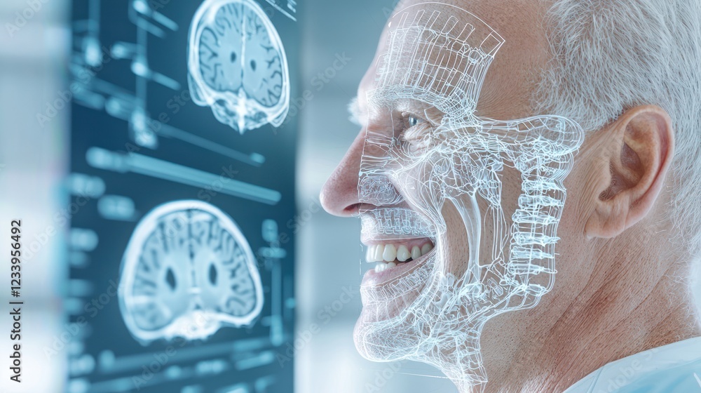 Poster a smiling older man with a digital overlay of brain scans, representing advanced neuroscience and te